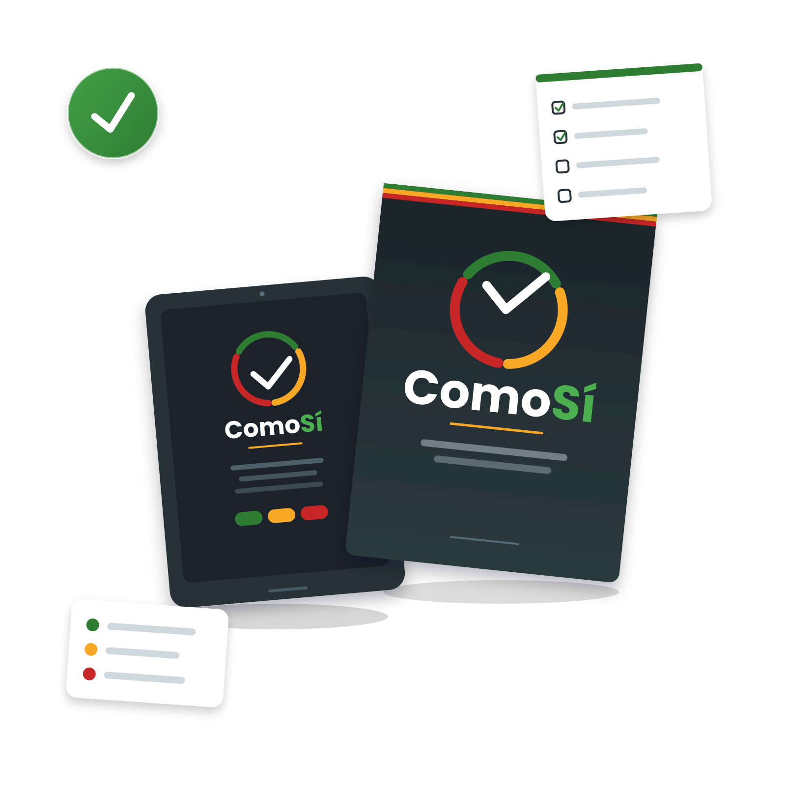 Mockup de ComoSí: tablet y portada del ebook con el semáforo de comida latina